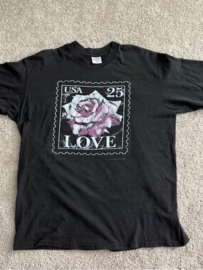 Vintage 90s Love Stamp Rose Tee USA Single Stitch Black XL 21.75x27.5